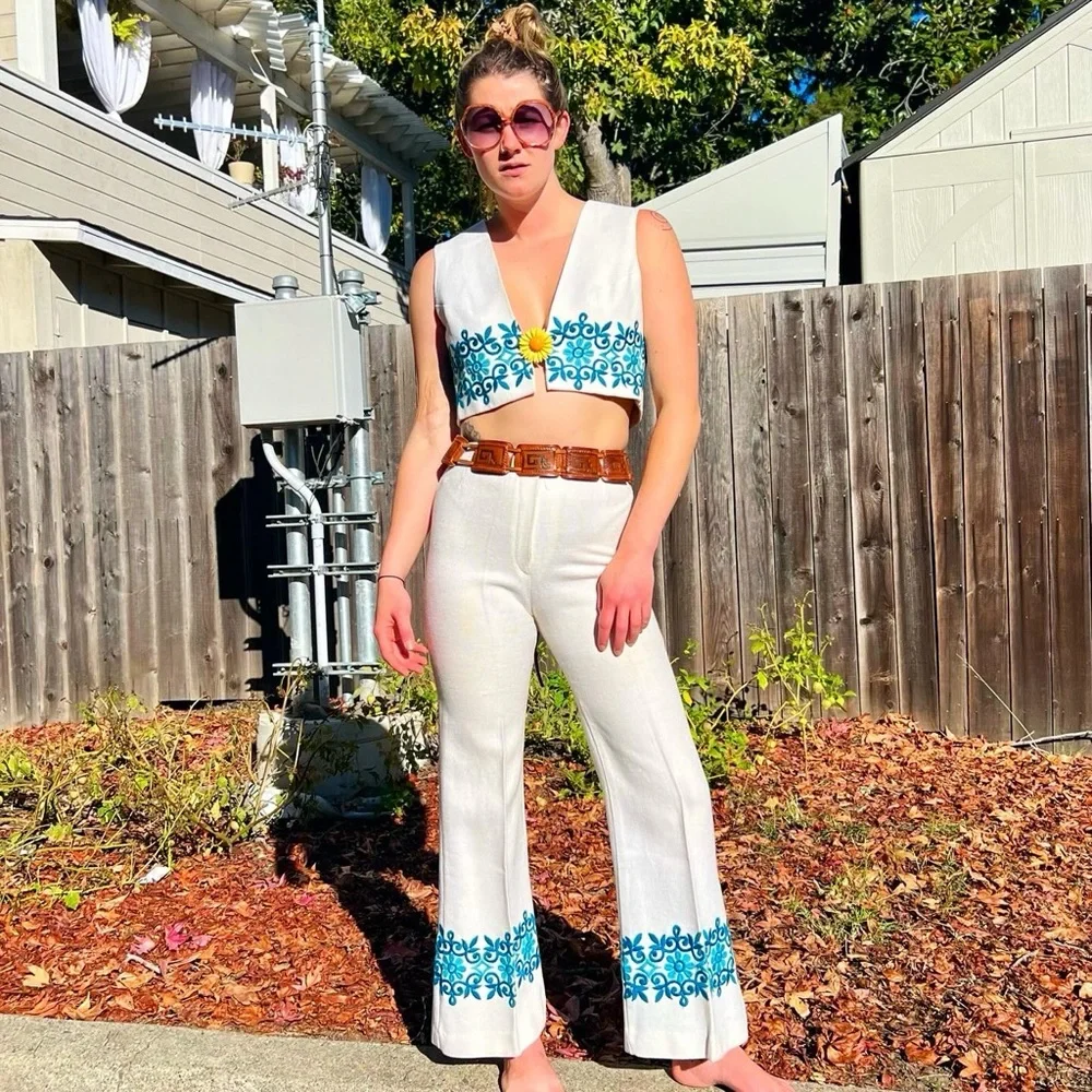 1960's Cotton/Linen Embroidered Vest Flares Ensemble - Picture 1 of 10